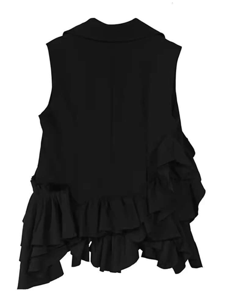 LANMREM Irregular Vest For Women Notched Collar Asymmetry Ruffles Spliced Black Coat Fashion 2025 Summer Autumn New 2Da5800