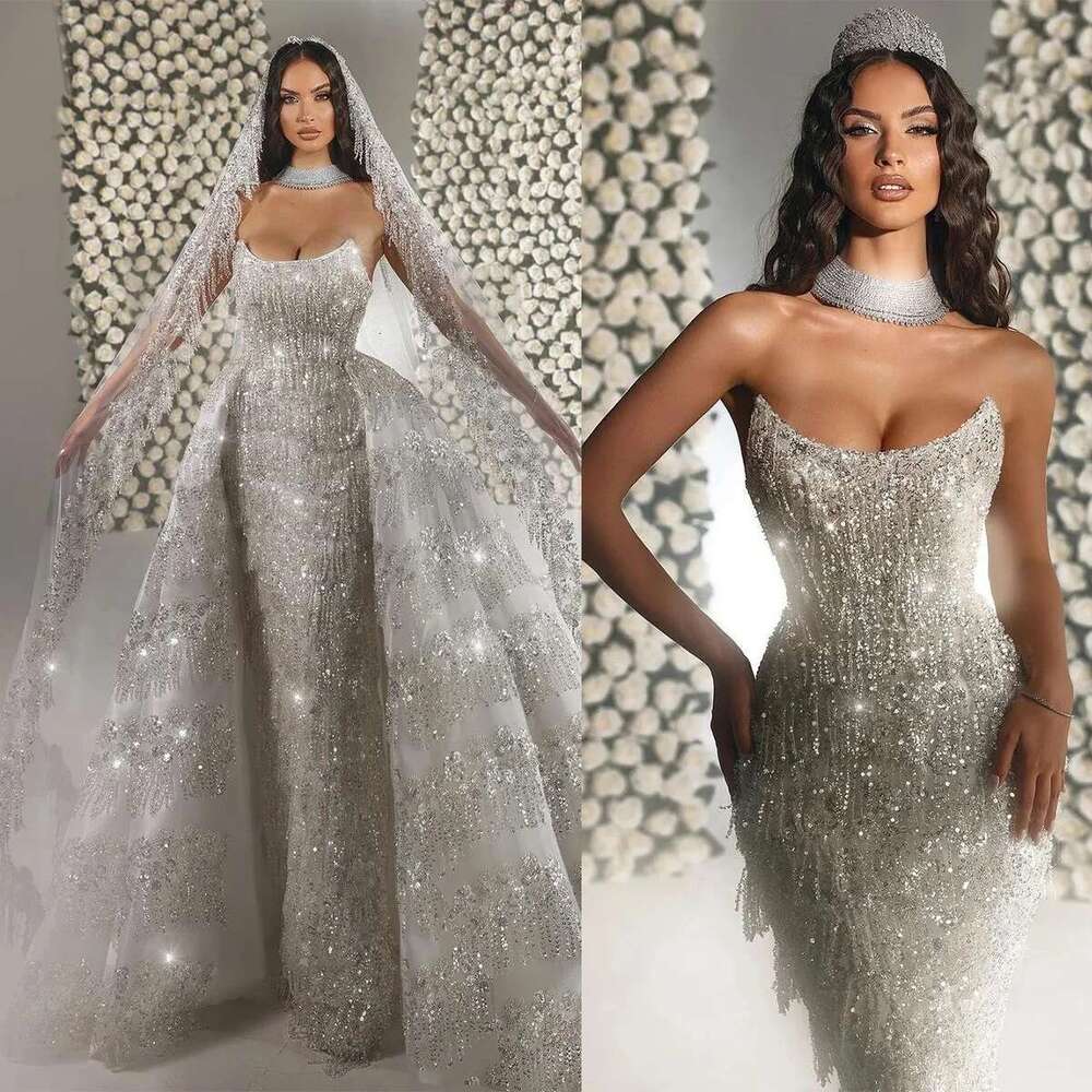 Exquisite Strapless Mermaid Dress, Bright Sleeveless Beading Lace Sequins Trumpet Bridal Dresses