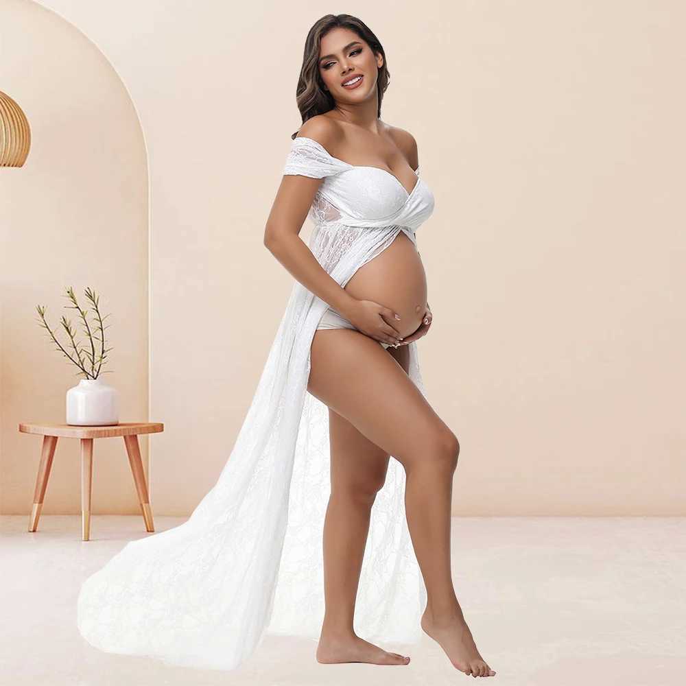Maternity Lace Sexy Long Dress Off-Shoulder High Waist Slit For PhotoShoot Baby Shower Pregnancy Women Bohemian GownT250311