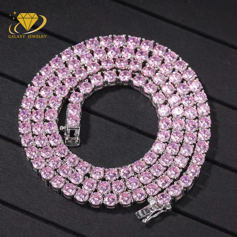 2-6mm Hiphop Sier Pink Bracelet Iced Out GRA Certified Mossanite Jewelry Necklace Rainbow Moissanite Tennis Chain