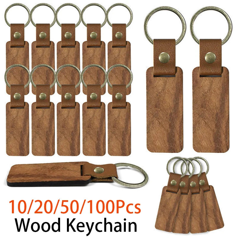 10-100Pcs DIY Souvenir Keyring Leather Sublimation Blank Wooden Key Chains Keychain 250305