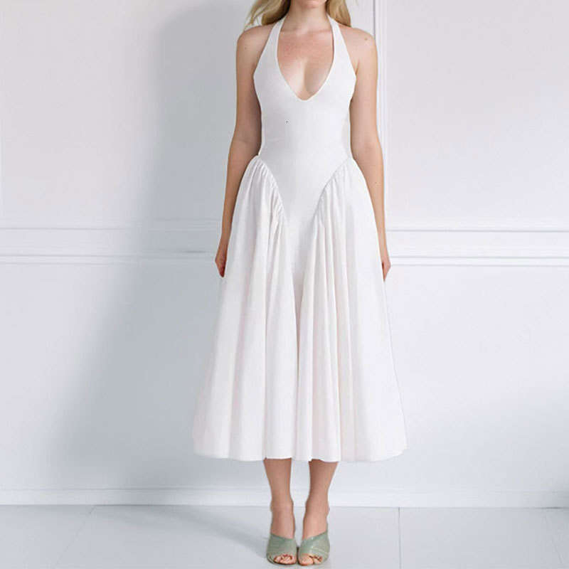 2025 Spring Women's New Sexy Fashion Hanging Neck Solid Color Sleeveless Waist Swing Dress KLMY