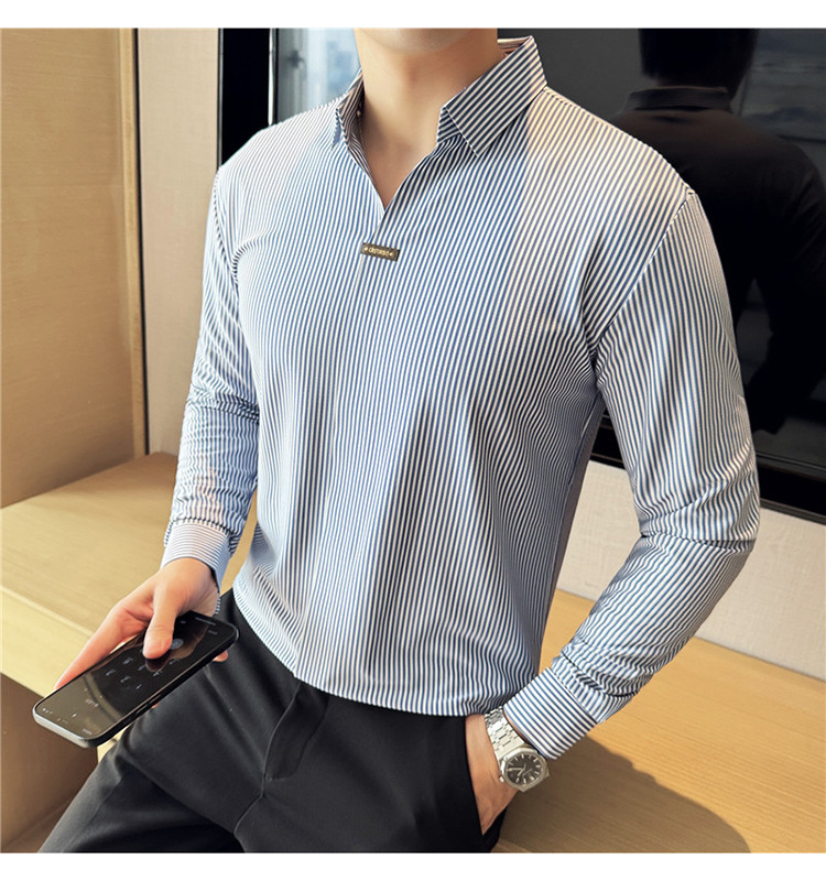 Thin striped long sleeved polo shirt for men, business casual t-shirt, men's dark placket, Korean version, high elasticity, autumn and winter new