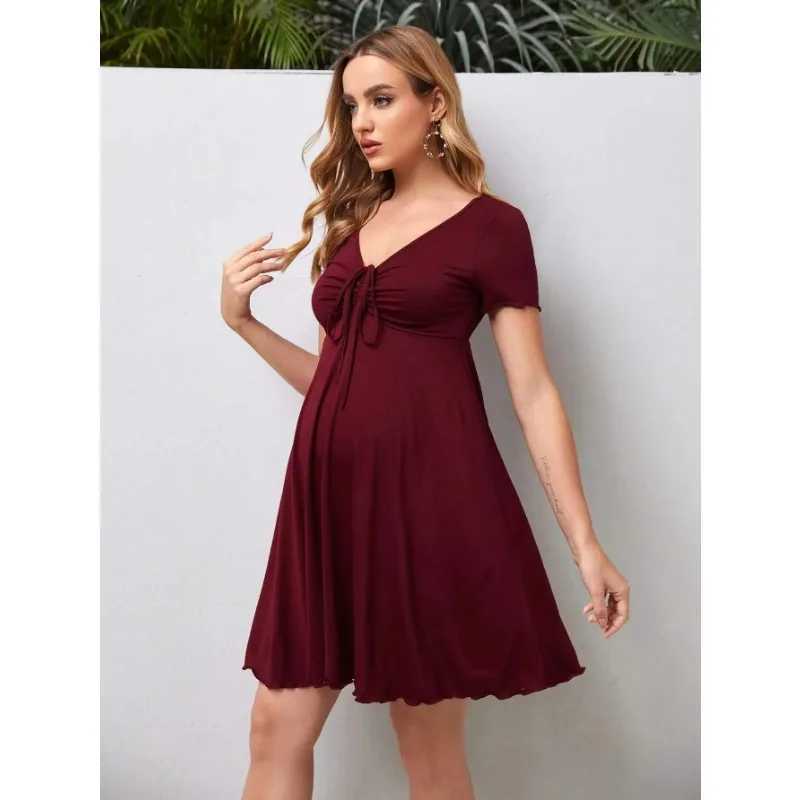 Maternity Clothes Solid Drawstring Dress Skirt Summer Casual Pregnant Women Short Sleeve V-Neck Dress Vestido Pregnancy ClothingT250311