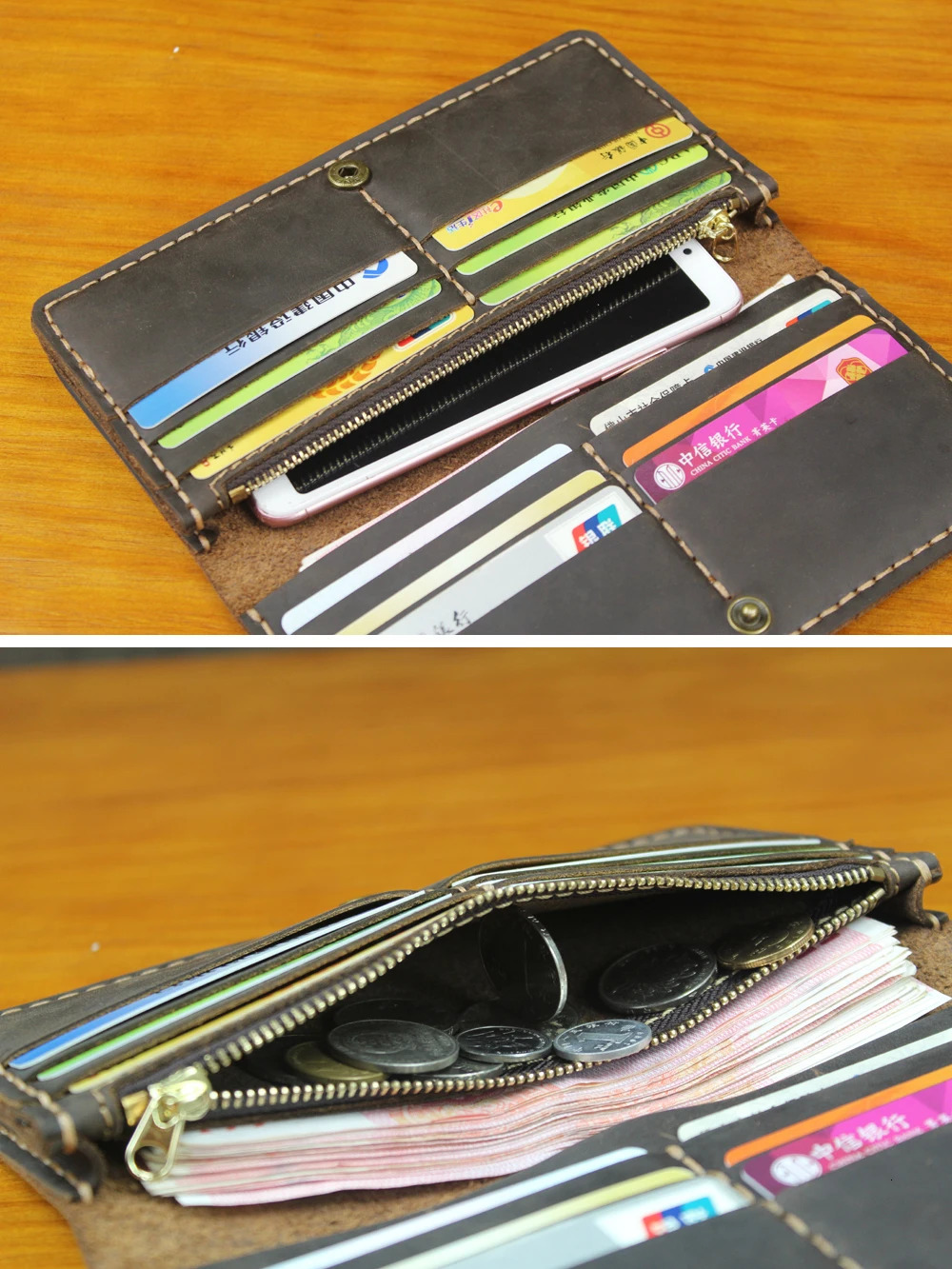 y Handmade Genuine Leather Mens Long Wallet Clutch Bag Large Capacity Male Purse Money Clips Vintage Phone Case 250311
