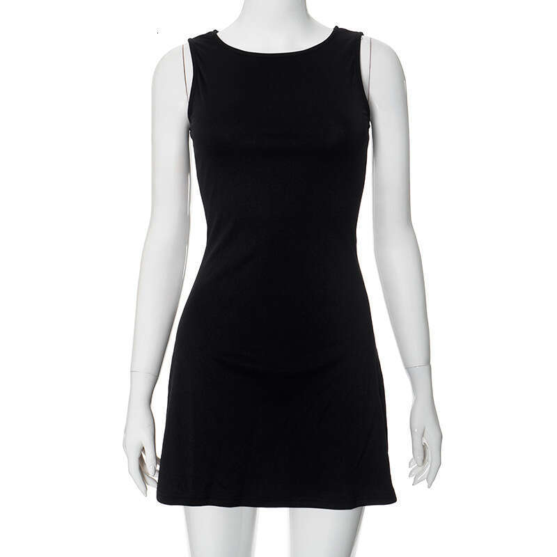 Y23DS138 European American women's summer ins new solid color round neck sleeveless patchwork hip hing casual dress for women in 2025, with a uni