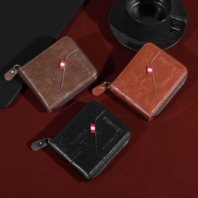 Mens Zipper Short Wallet Multi Card Cardholder PU Leather Double Fold with Coin Pocket Gift 250311