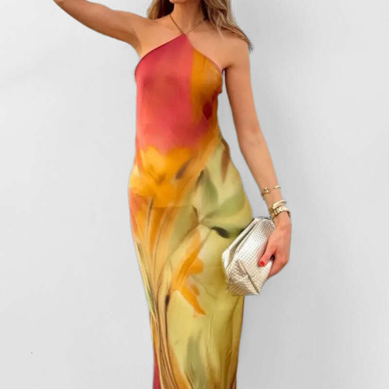 2025 Spring Women's New Product Fashionable And Elegant Printed Neck Hanging Dress KLMY