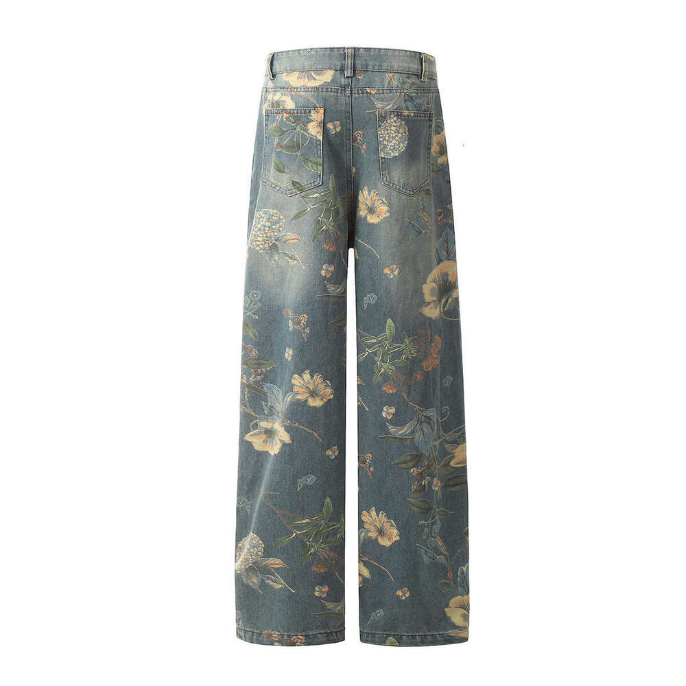 Jiayiku Trendy Brand 2024 Autumn/Winter New American Flower Printed Micro La Jeans For Men And Women Vibe Pants