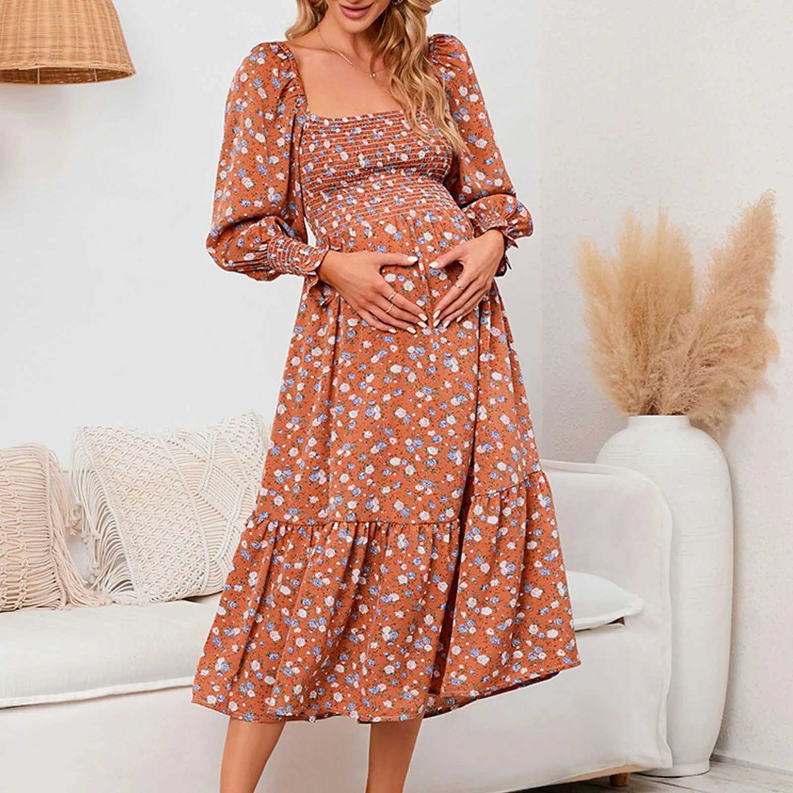 Women Support Belly Spring Pregnant Chiffon Dress Small Floral Dress Long Sleeved Dress Pregnants Holiday Party Dresses WomenT250311