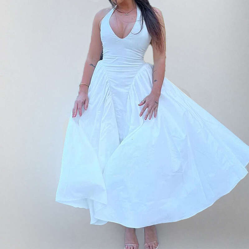 2025 Spring Women's Solid Color Sexy Deep V Hollow Hanging Neck Style Dress KLMY