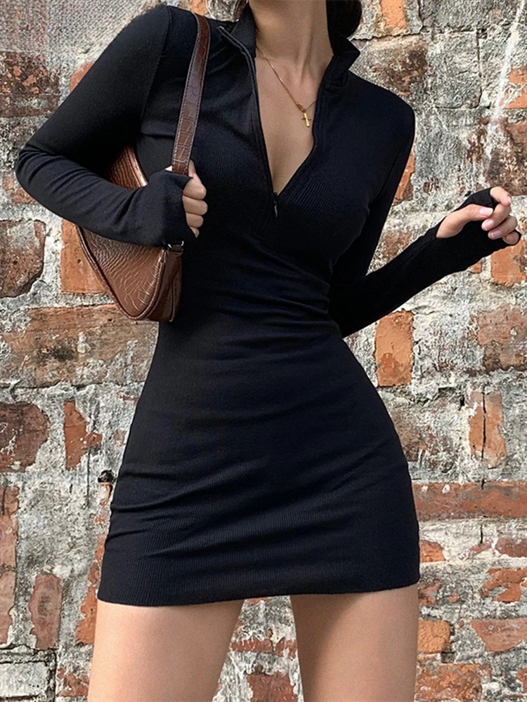 Heda Elegant Autumn Winter Black Bodycon Women 2022 Turtleneck Slim Ribbed Knitted Long Sleeve Mini Dress Vestido