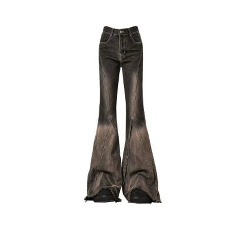 Womens Brown Black Flare Jeans Vintage Y2k 90s Aesthetic Baggy Denim Trousers Emo 2000s Harajuku Wide Cowboy Pants Trashy Clothes 250306
