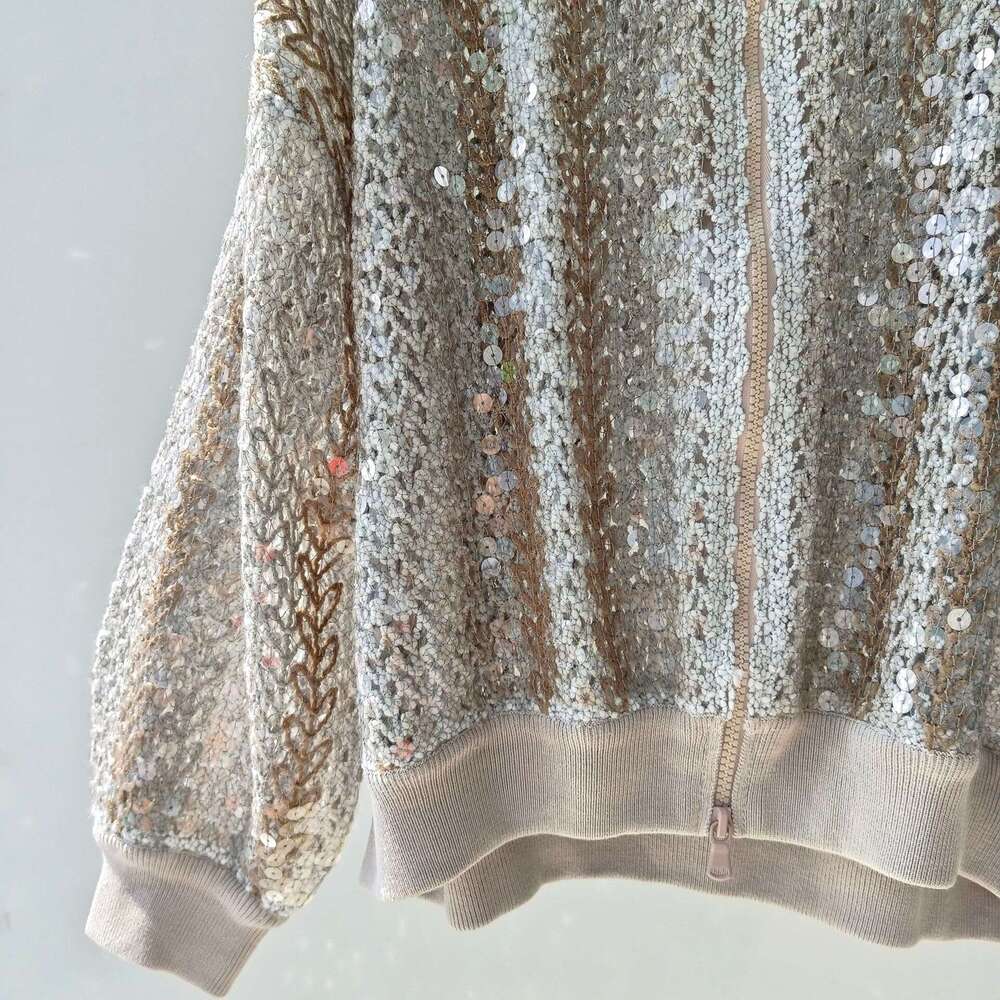 Baorong High-End BC Knitted Jacket For Autumn Women's Clothing, Lao Qian Feng Heavy Industry Fish Scale Sequin Semi High Neck Cardigan