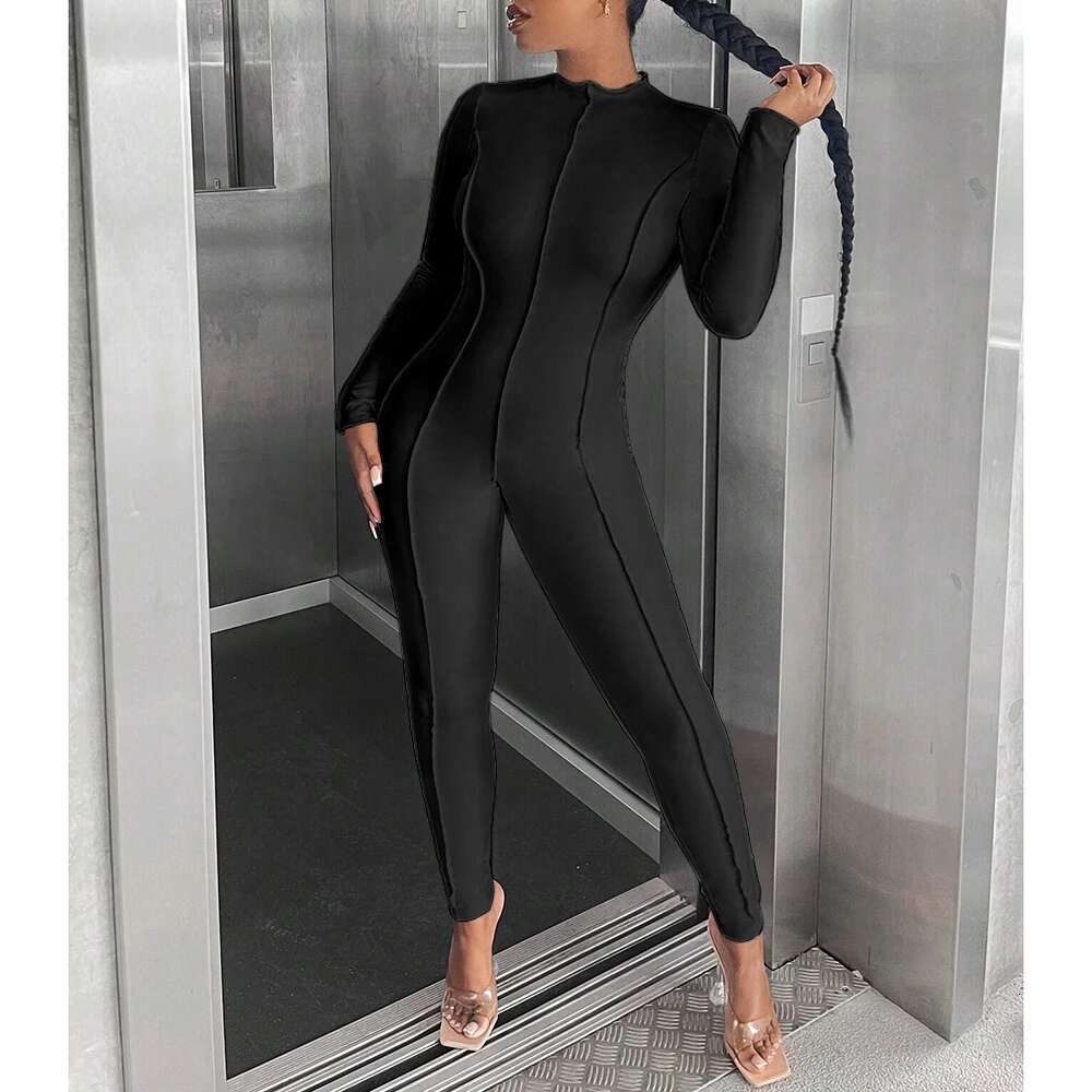 Mia Muse Women's Autumn Winter Simple Plain E Design Long Sleeve Crew Neck Ankle Fashion Jumpsuits