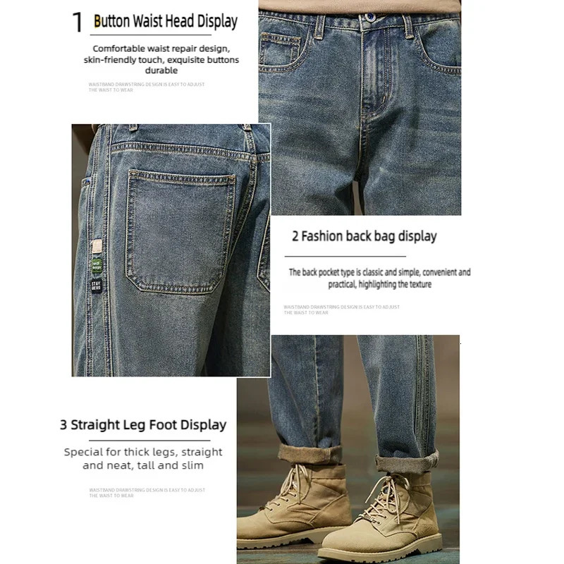 Baggy Pants Loose Fit Retro Blue Harem Vintage Clothes Jeans Men Wide Leg Fashion Pockets 250311