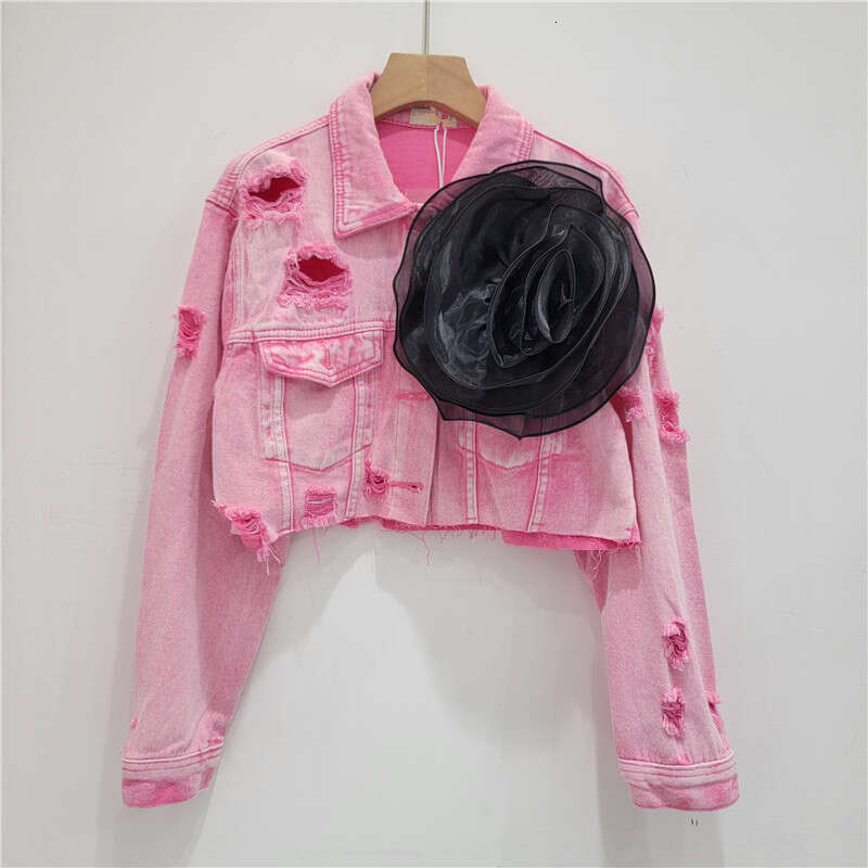 Three Dimensional Flower Fashion Tie Dye Personalized Perforated Pink Short Denim Women's Stylish Jacket