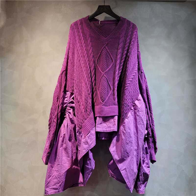 Personalized Distressed Fried Dough Twists Knitting Stitching Ruffle Large Loose Bat V-Neck Long Sleeve Sweater For Women In Spring And Autumn