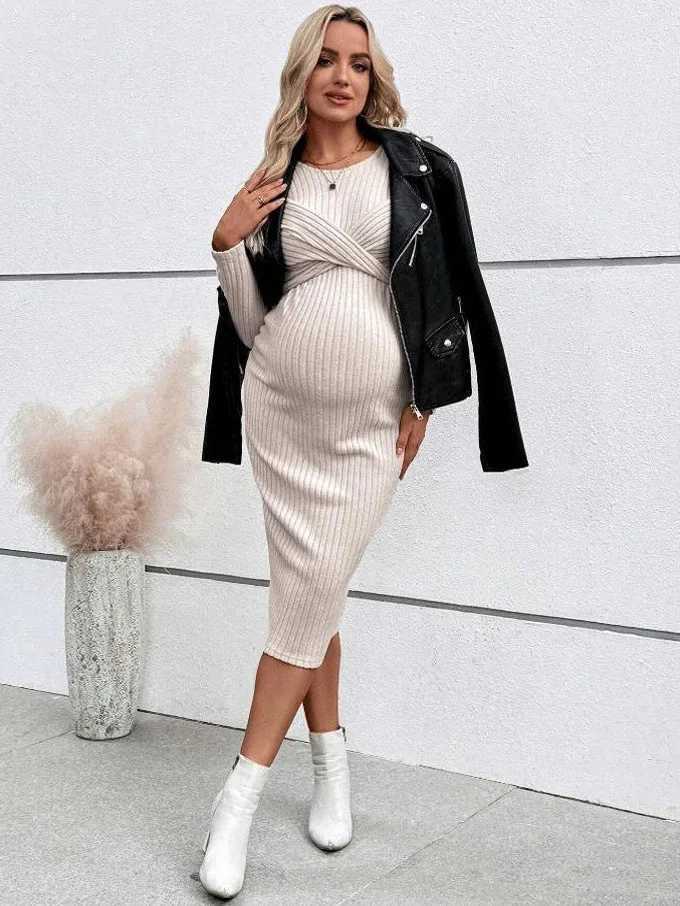 2024 Autumn Winter Maternity Women Solid Slim Dresses Pregnant Women Elegant A Line Across Tie Casual Dress Premama Hot ClothesT250311