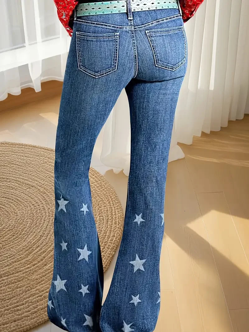 Huangs Cruel Ladies Hannah Sim Flare Denim Jeans Laser Printed Stars Raw Hem Western Womens Comfortable Stretchy Pants T05 250311