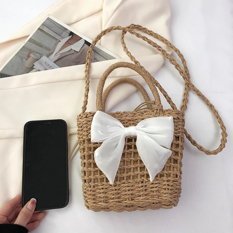 2024 summer new womens hand bag shoulder bag Environmental protection material advanced woven fashion cherry bow decoration R250311