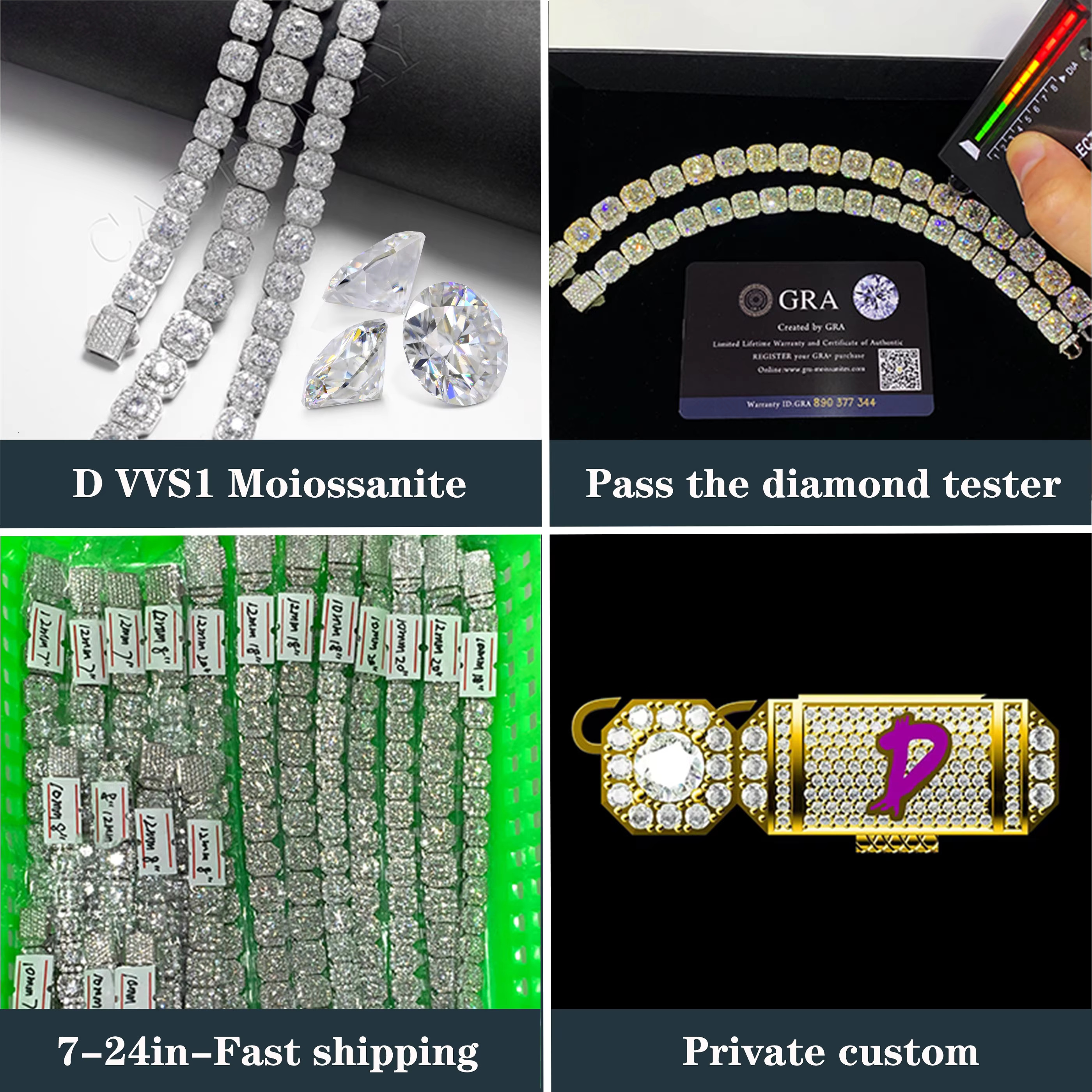 Hiphop Rock Candy Moissanite Chain Micro Clustered Tennis Chain 10mm 925Silver Iced Out VVS Square Moissanite Necklace