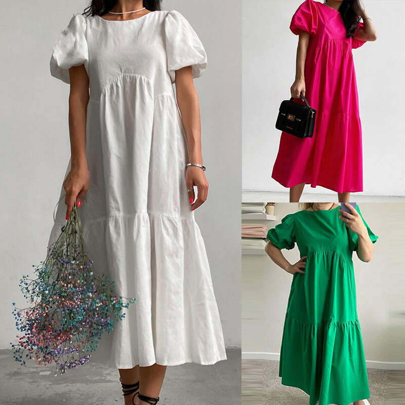 Spring New Style Solid Color Casual Fashion Round Neck Short Sleeve Loose Dress 661 KLMY