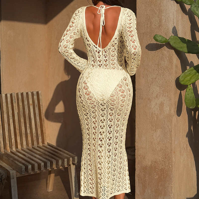 Hollow Knit Backless Metal Ring Strap Sexy For Beach Vacation, Sun Protection Cover Shirt Skirt