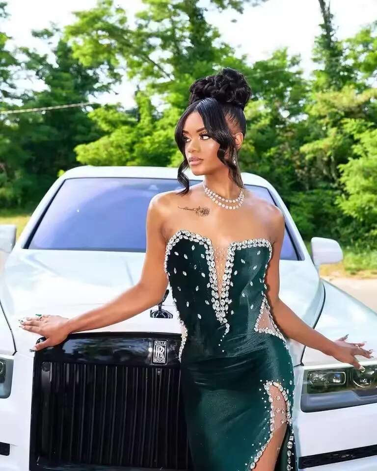 Customized Dark Green Veet Mermaid Prom Illusion Crystal Beading Side Split Evening Dress Birthday Party Guest Gowns