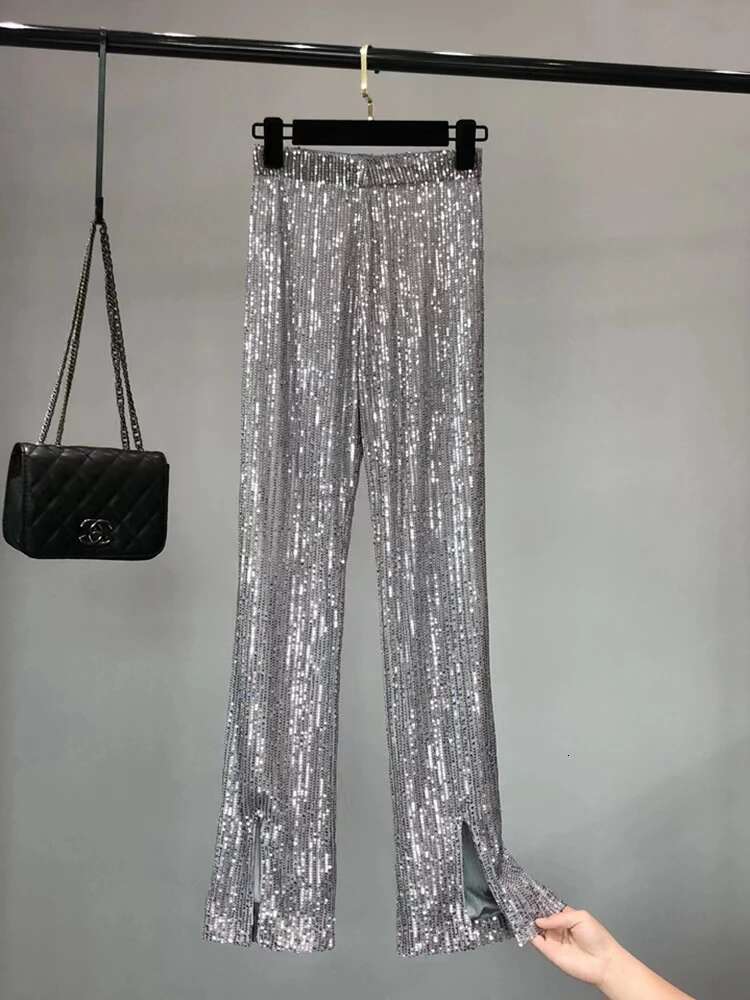 Pants Woman Elastic Waist Sequins Slit Cut Wide Leg Trousers Shiny Full Length Straight Female High Street 2023 New