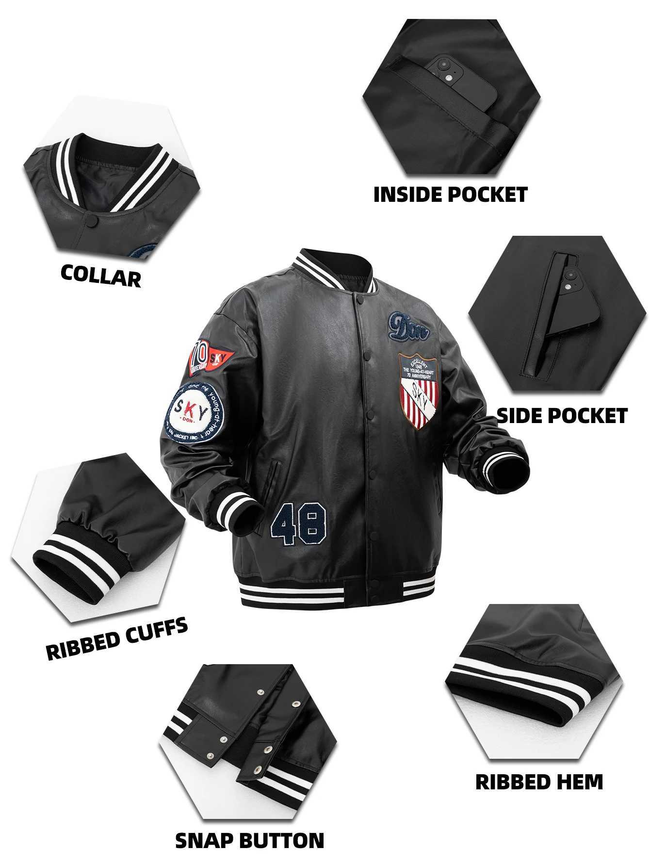 Mens Faux Leather Varsity Jackets With Embroidered Patches Motorcycle Black Windbreaker Bomber Jacket Men for Fall winterT250311