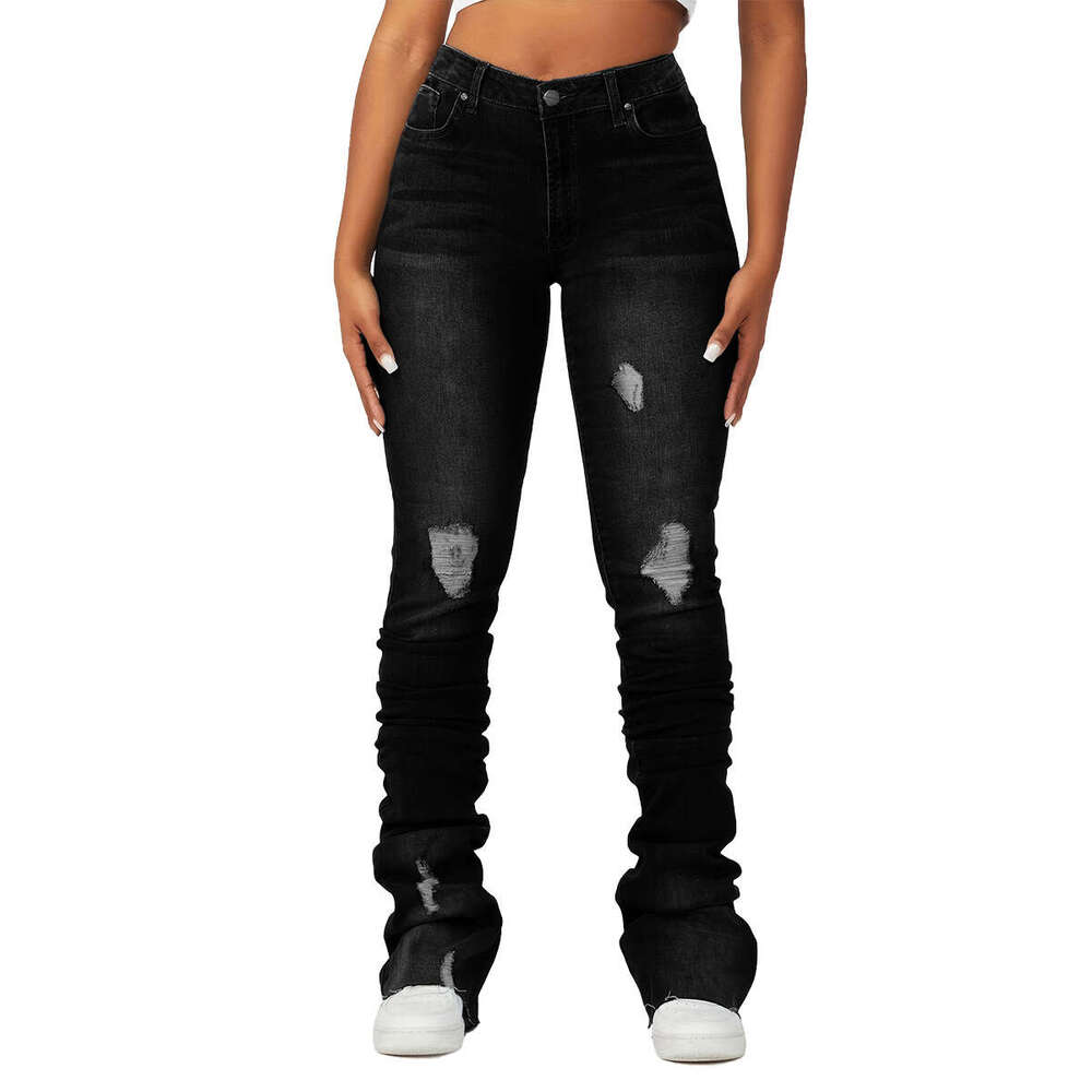 high waisted layered denim bell bottom European American Instagram trendy styles, slim fit and perforated women's straight bucket pants, 2025 tem