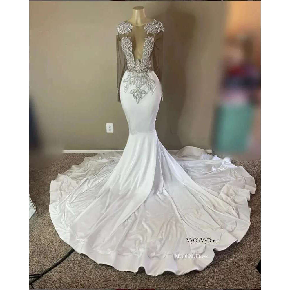 Sheer Prom Dress For Black Girls Mermaid Long Sleeves Beaded Birthday Party Dresses Women Evening Gown Customized al0311