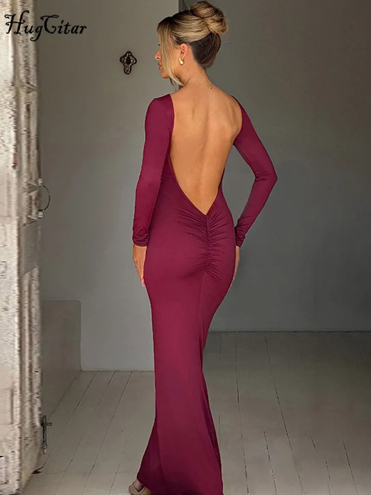 Hugcitar Spring Elegant Long Sleeve Backless Solid Cuched Sexy Bodycon Maxi Prom Dress Women Outfit Evening Party Festival Y2K 250311