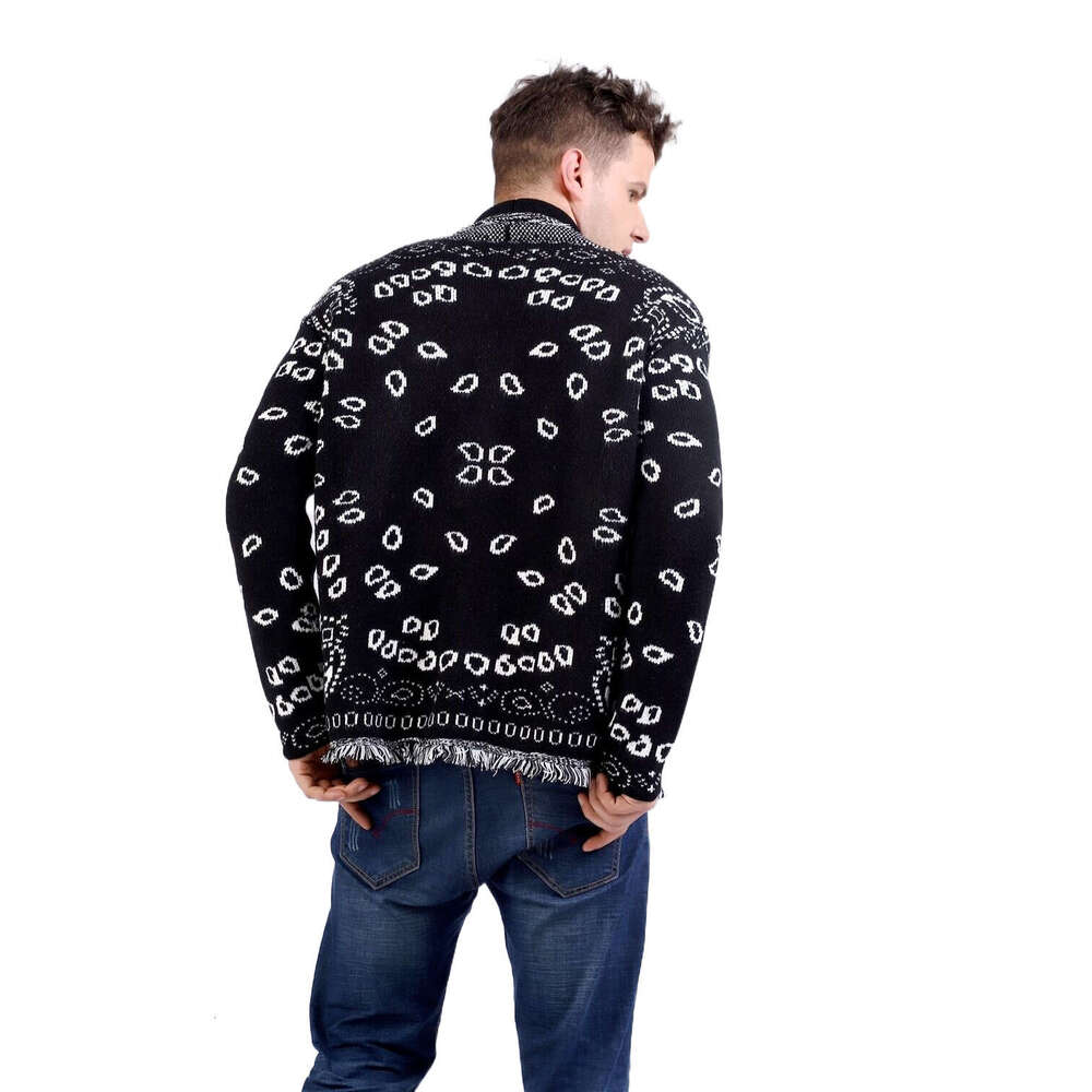 Autumn/Winter Men's Wool Blended Sweater Coat Cashew Flower Jacquard Thick Collar Long Sleeve Tassel Cardigan Trendy