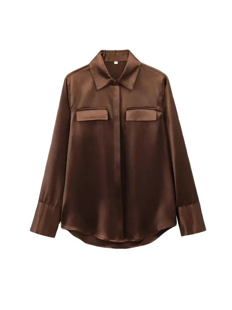 TRZASatin Shirts with Pockets for Women Long Sleeve Buttonup Female Blouses Chic Tops Fashion 250311