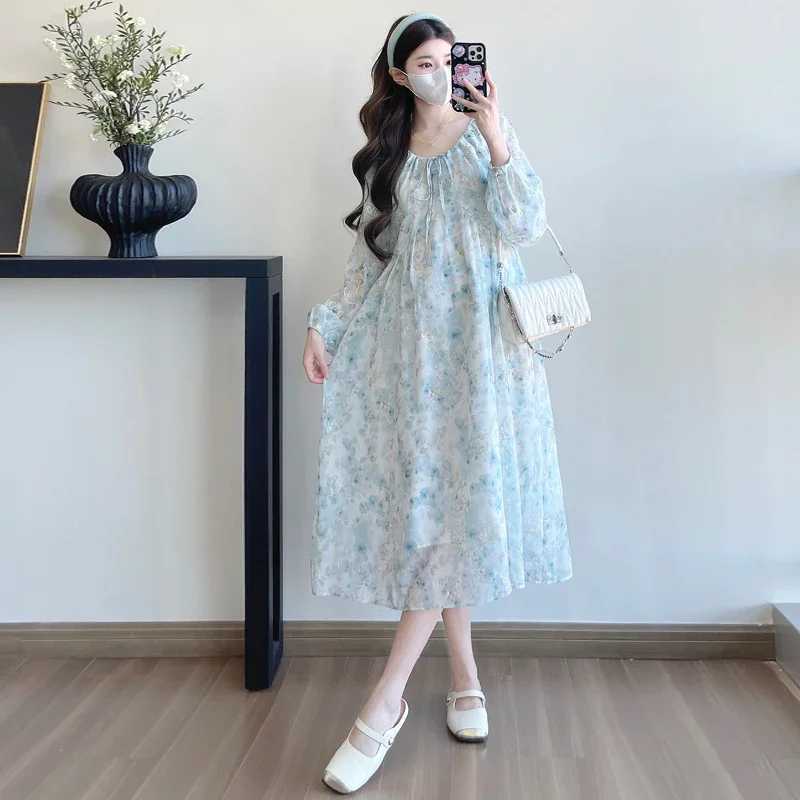 Plus Size Pregnant Woman Floral Dress for Spring Long Sleeve Fashion Embroidery Maternity Beach Dress with Liner Holiday ClothesT250311