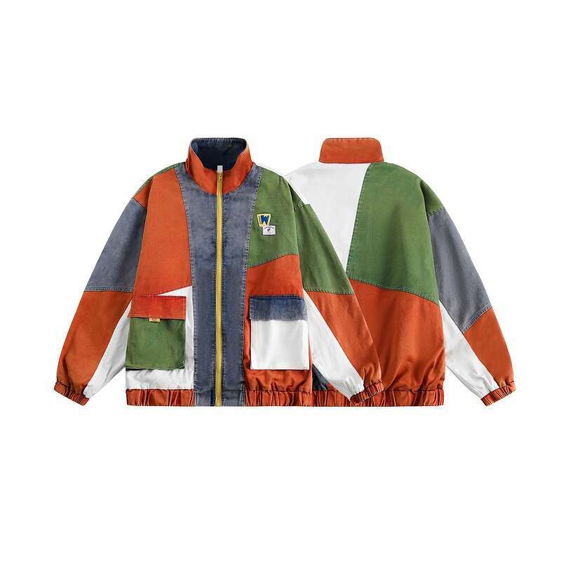American Fashion Brand Spliced Contrasting Color For Men's Spring And Autumn 2024 New Design Sense Stand Up Collar Jacket Loose Niche Top