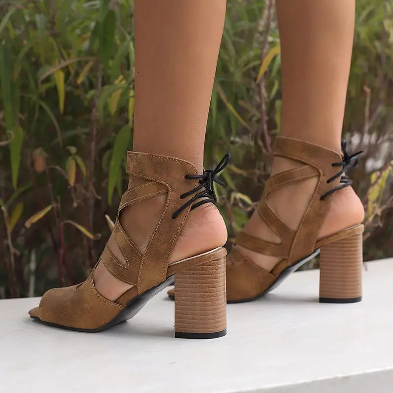 REAVE CAT Fashion Female Sandals Toe Block High Heels 7.5cm Ankle Strap Lace Up Size 48 49 50 Sexy Daily Women Shoes 250305