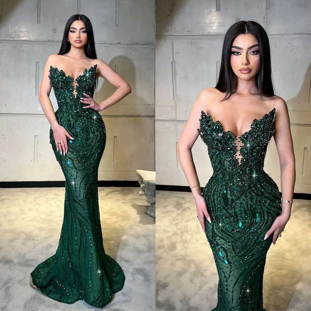 Modern Mermaid Beading Crystal Ball Gowns Strapless Custom Sleeveless Evening Dresses Up To The Floor Formal Party Dress prom