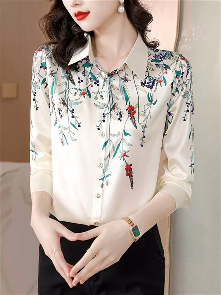 Wxw2508 Spring Retro Satin Womens Casual Fit Long Sleeve Flower Printed Shirt French Style 250311