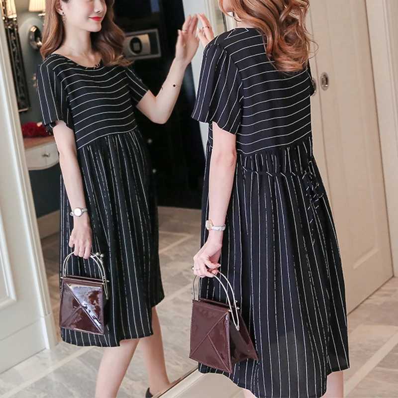 Maternity Spring and Summer Pregnancy Dress Ruffled Short-sleeved Striped Stitching Maternity Clothes Loose Dress for PremamaT250311