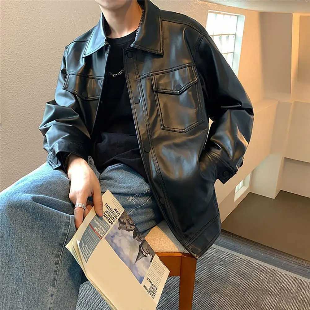 Faux Leather Men Jacket Motorcycle PU Jacket Turn-down Collar Men Retro Leather Jacket Long Sleeves Black Male Casual CoatT250311
