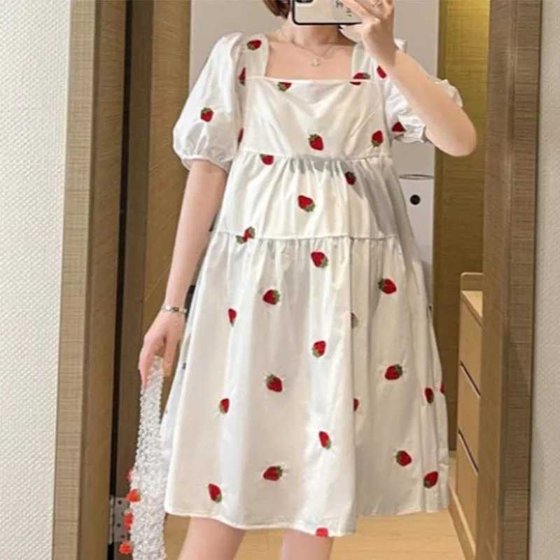 Pregnant Women Summer Dress Petal Collar Sweet Bubble Sleeve Temperament High Waist Maternity Gown Maternity Short Sleeve DressT250311