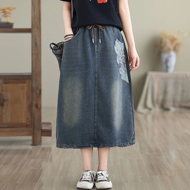 High Waist Denim Long Skirt Women Arrival Spring Vintage Style Floral y Loose Female Casual Aline Skirts S009 250311