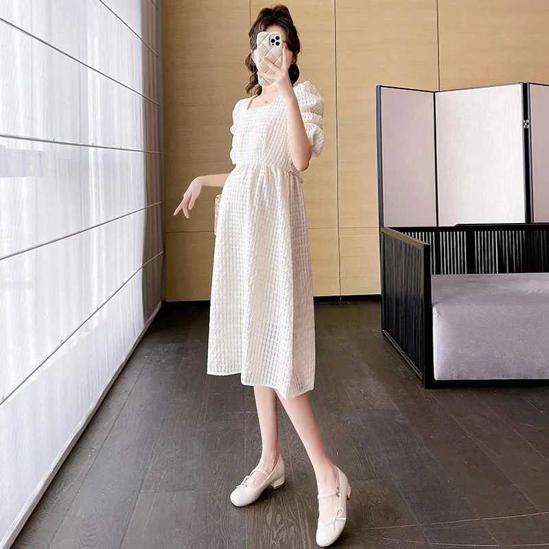 Pregnacy Dress Square Neck Dress Women Bubble Sleeves Chiffon Small Flower Printing Maternity Clothing Pregnant Woman ClothesT250311
