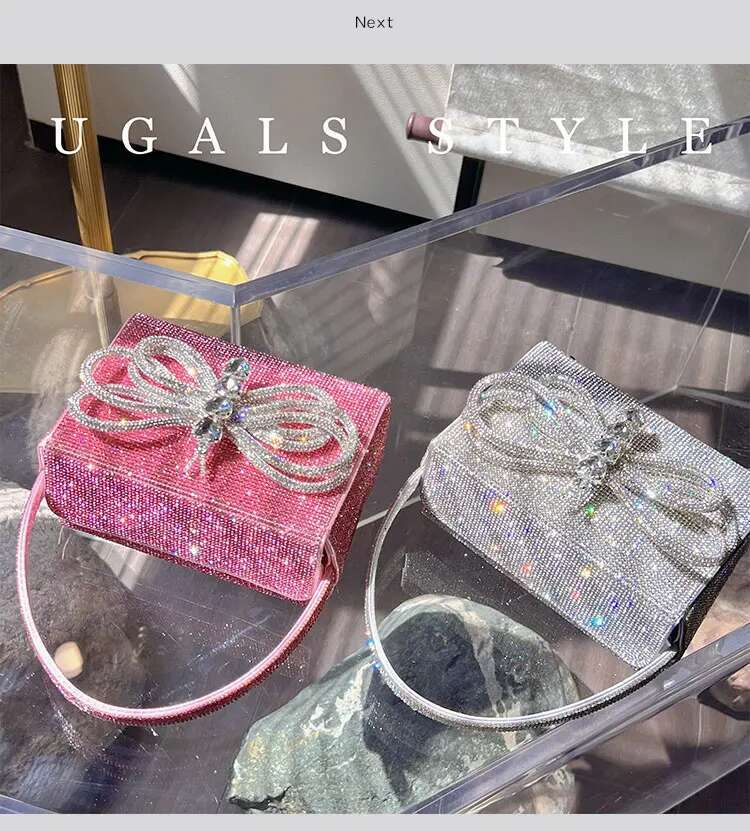 Glitter Shiny Bow-Knot Evening Rhies Dia Square Women's Handbag Wedding Party Clutch Purse Shoulder Bag