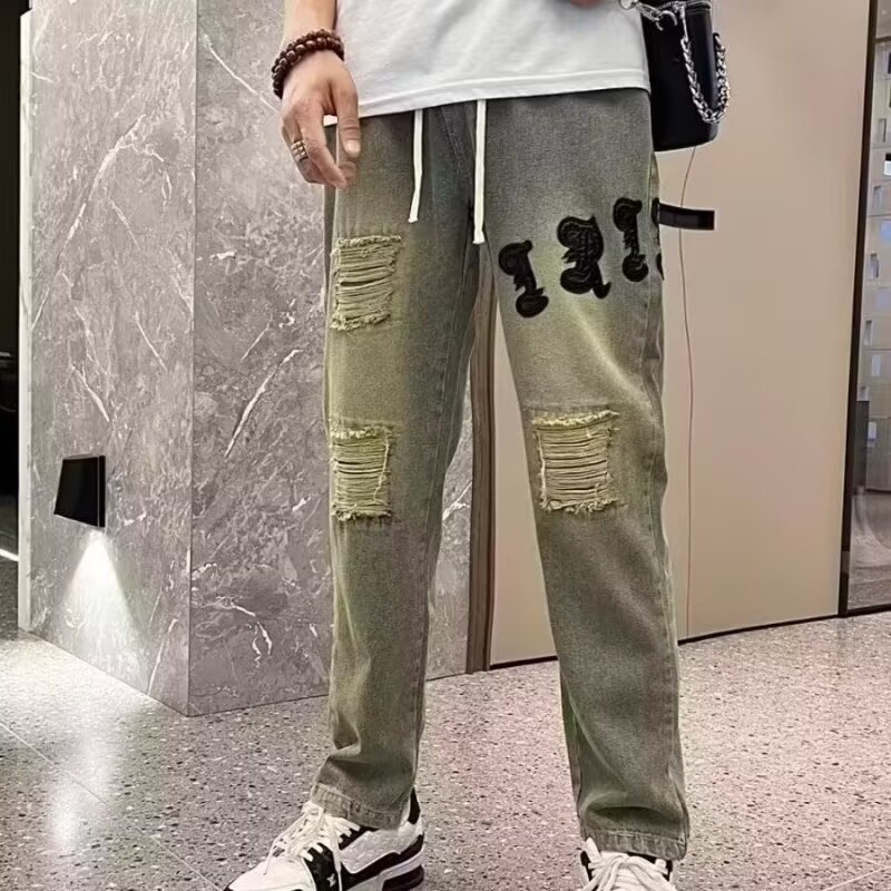American High Street Ripped Jeans Men s Fashion Designer Light Luxury Brand Embroidery Drawstring Spring And Autumn Trend Versatile Elastic Waist Casu
