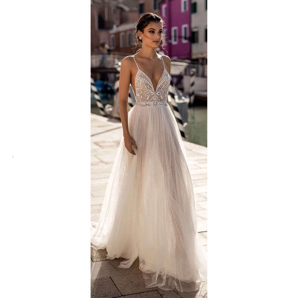 A Elegant E Wedding Dresses Side Split Spaghetti Sexy Illusion Boho Beach Vestidos De Novia Pearls Backless Bohemian Bridal Gowns