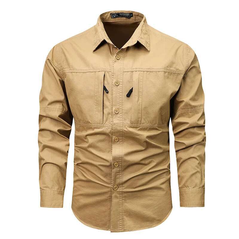 Men's Long Sleeved Shirt With Multiple Pockets Design, Suitable For Outdoor Spring And Autumn Men's Casual Buttoned Shirts